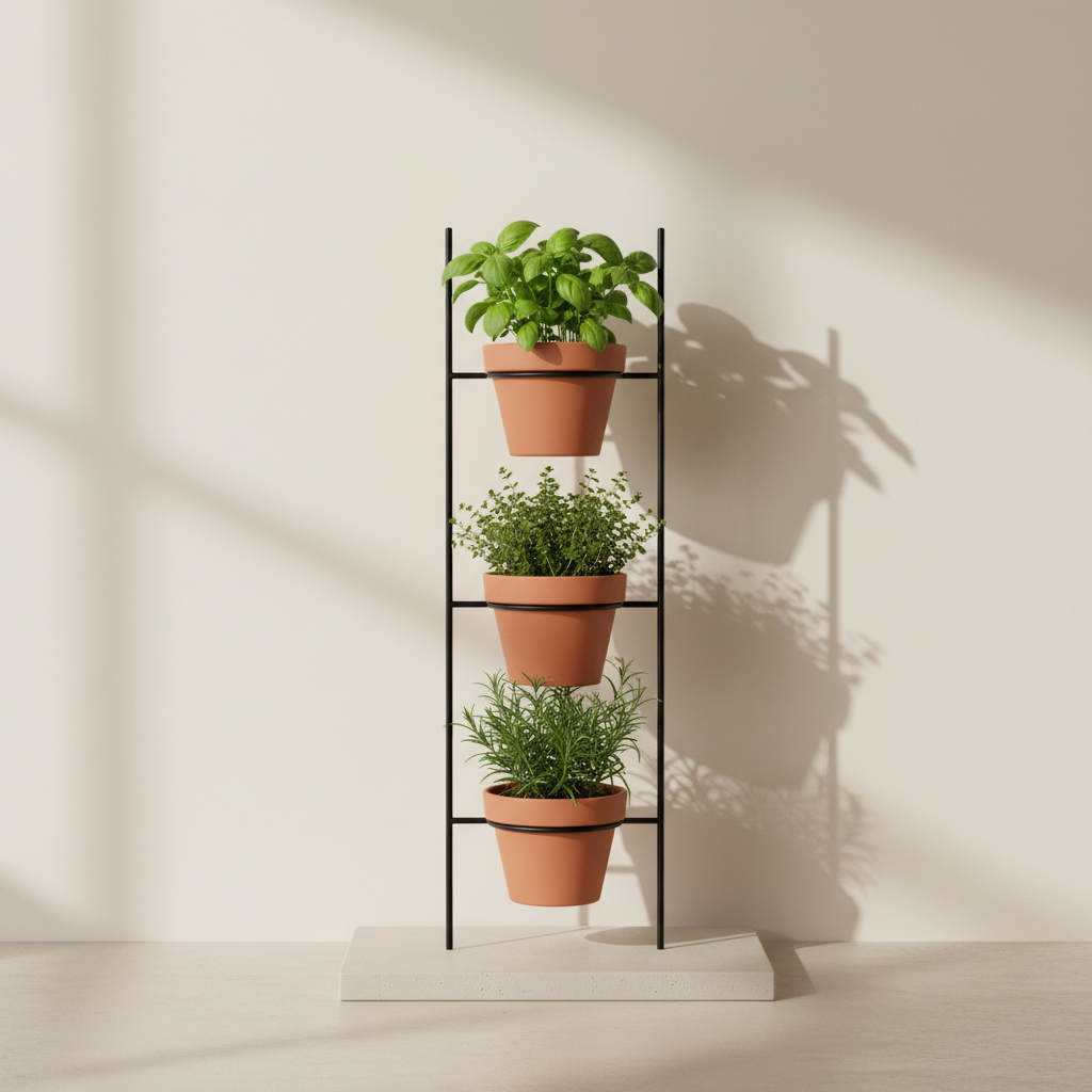 Horta vertical de parede com vasos e ervas